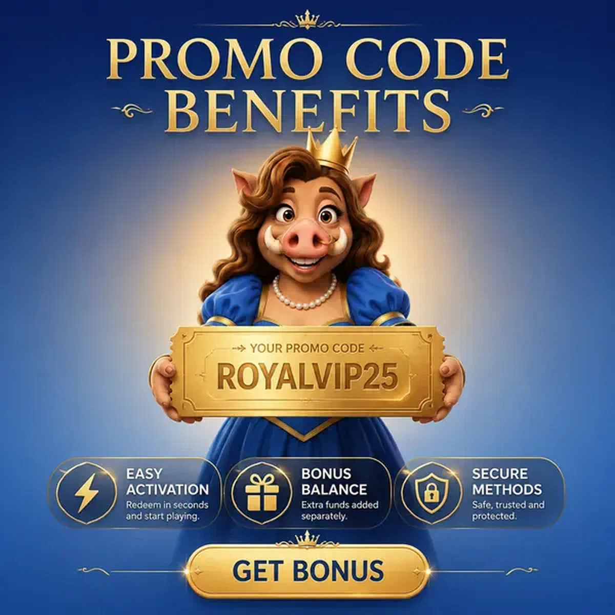 Königliche Wildschweinkönigin präsentiert goldenen Promo-Code-Gutschein am Kingia Casino-Portal