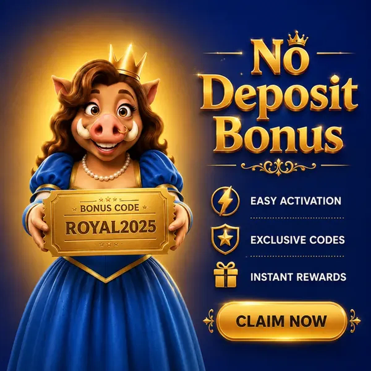 Wildschweinkönigin präsentiert No-Deposit-Bonus-Gutschein in der Willkommenshalle des Kingia Casino