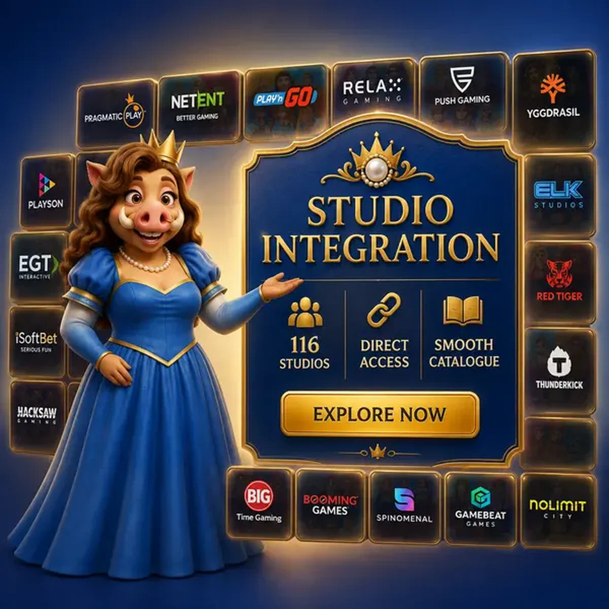 Eleganter Eber-Kurator präsentiert Kingia Casino Spielautomaten-Studio-Kollektion in königlicher Galerie