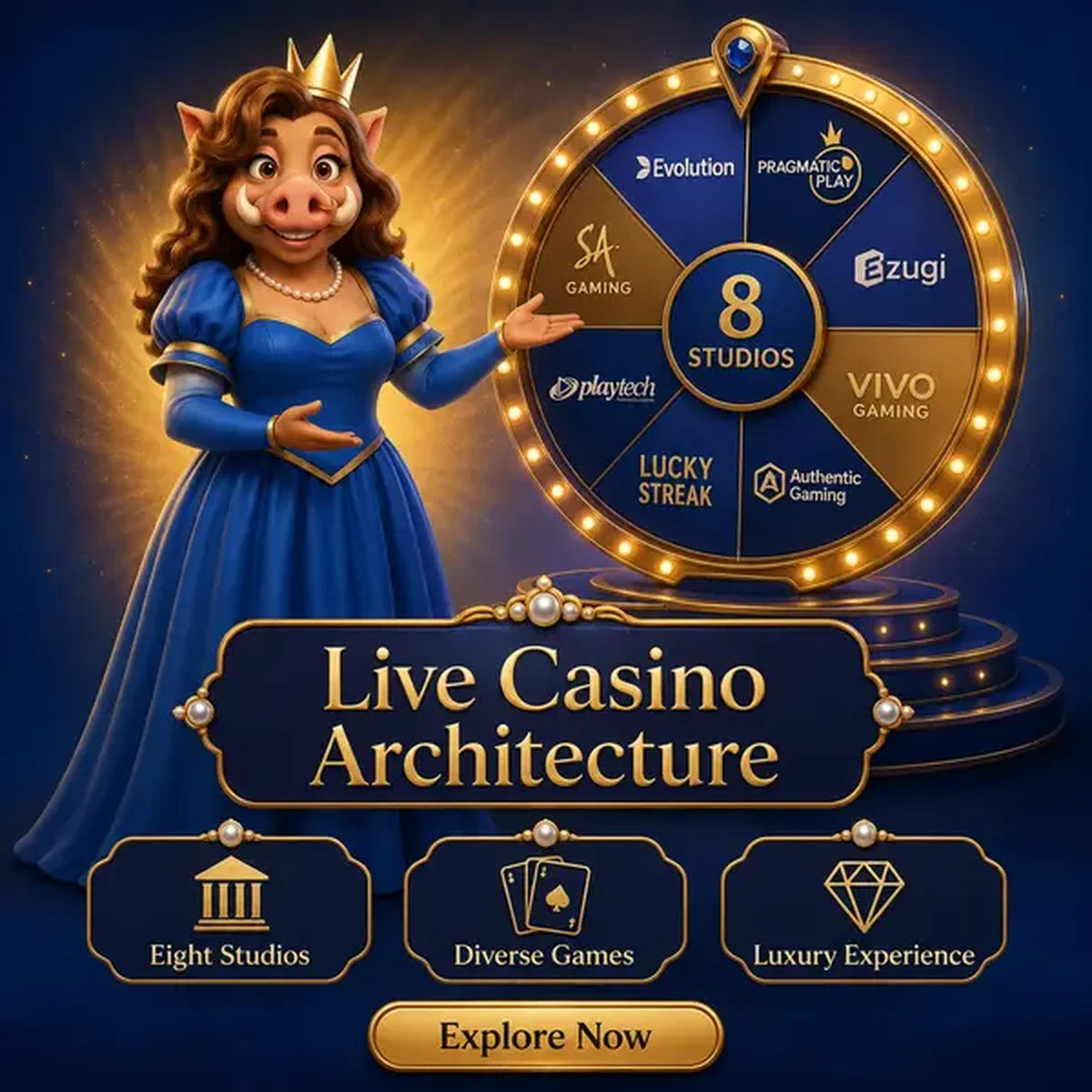 Königin präsentiert leuchtendes Preisrad im Live Casino Provider Architecture Live-Dealer-Studio