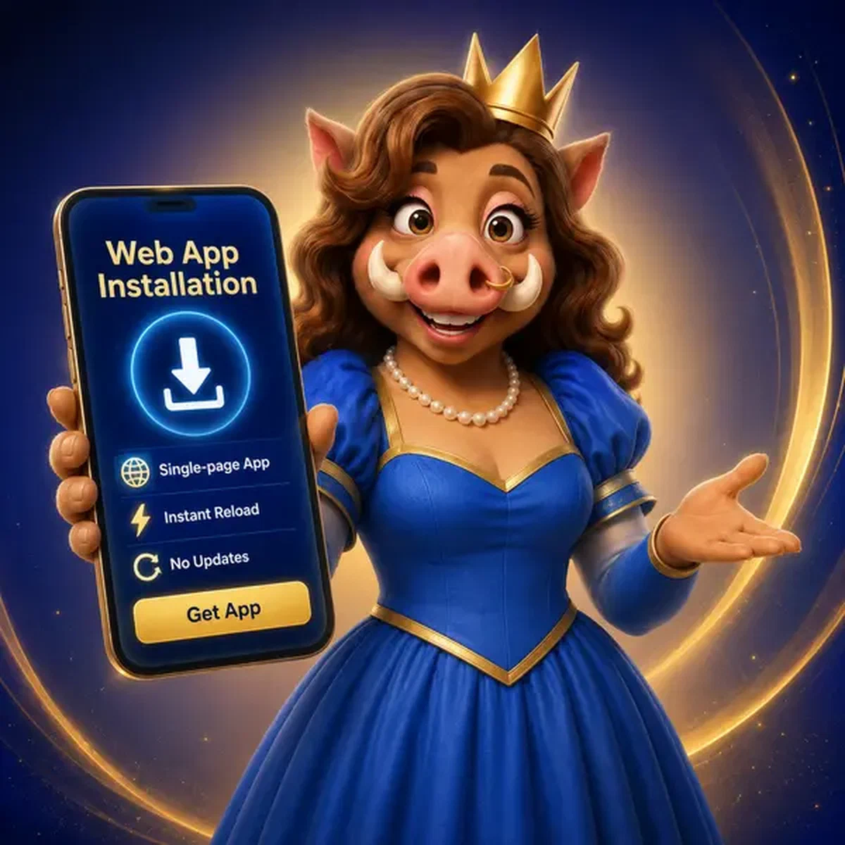 Wildschwein-Königin präsentiert Progressive Web App Architektur und Installation App-Download auf leuchtendem Smartphone-Bildschirm