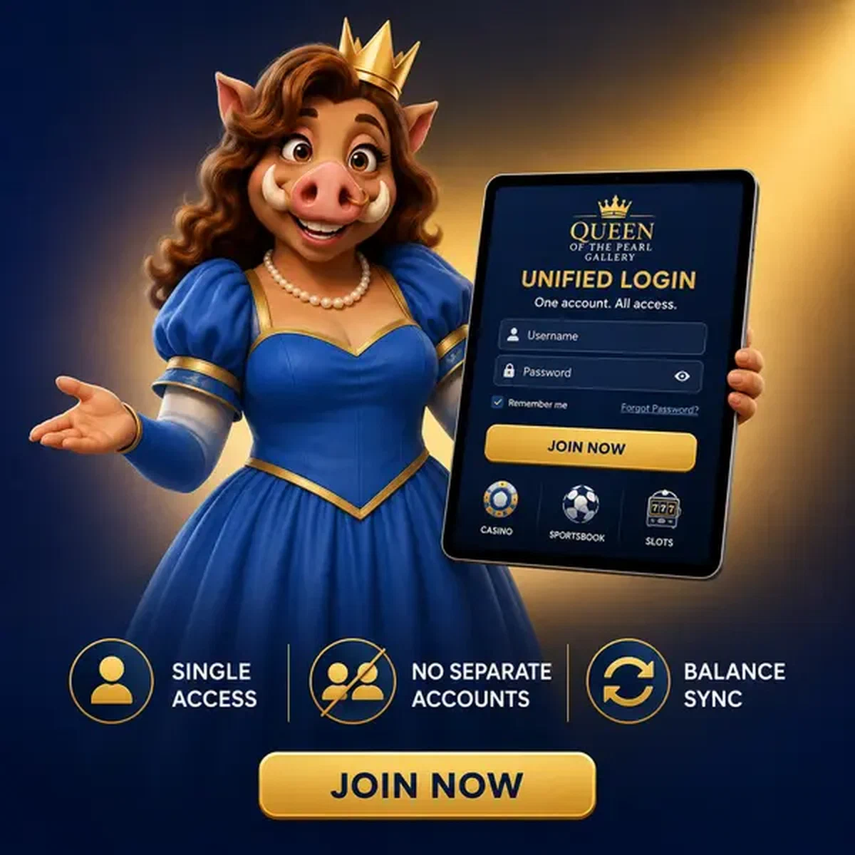 Königliche Wildschwein-Königin präsentiert Unified Kingia Casino Login-Tablet mit nahtloser Zugangsschnittstelle