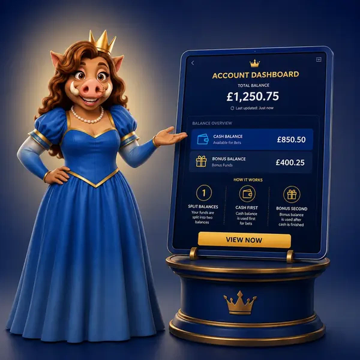 Elegante Wildschwein-Königin präsentiert Konto-Login-Schnittstelle am Kingia Casino Dashboard