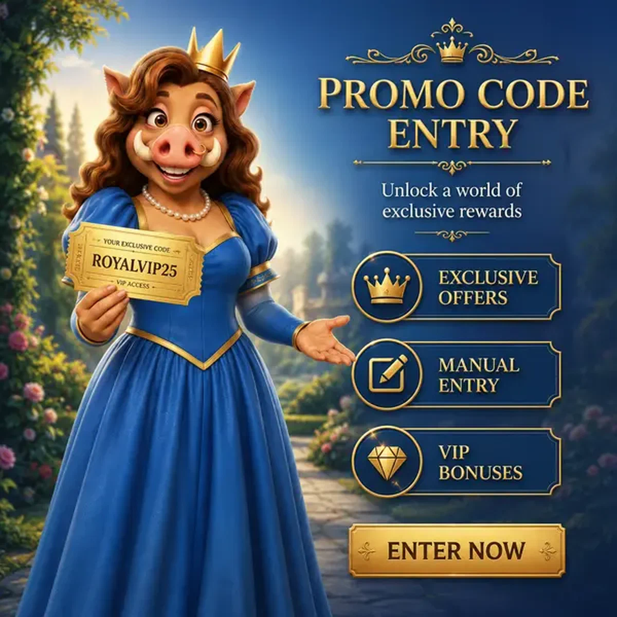 Wildschweinkönigin präsentiert Promo-Code-Gutschein in der Kingia Casino-Willkommenshalle