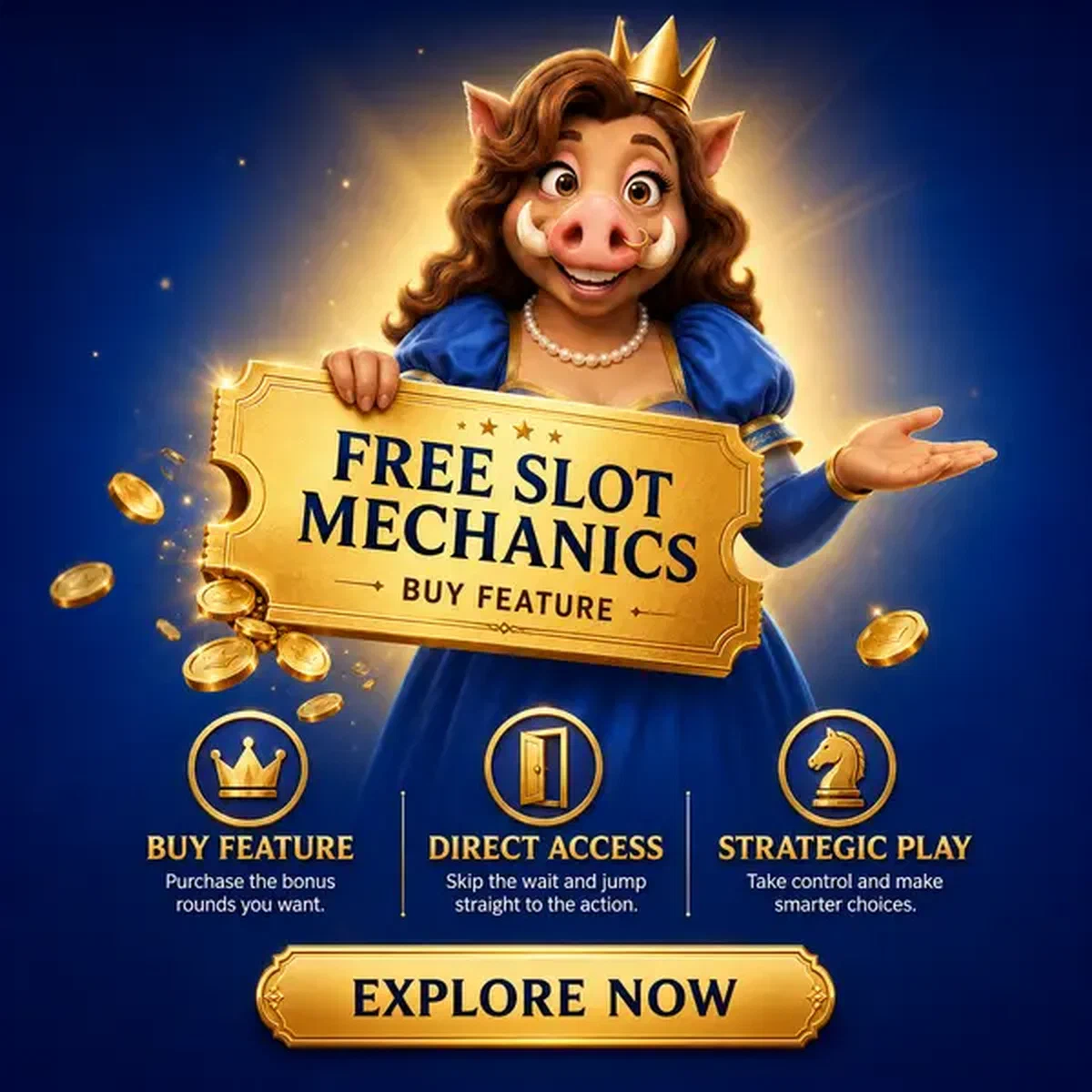 Königin präsentiert Kauffeature-Gutschein in Kingia Free Slot Games strategischer Spielzone