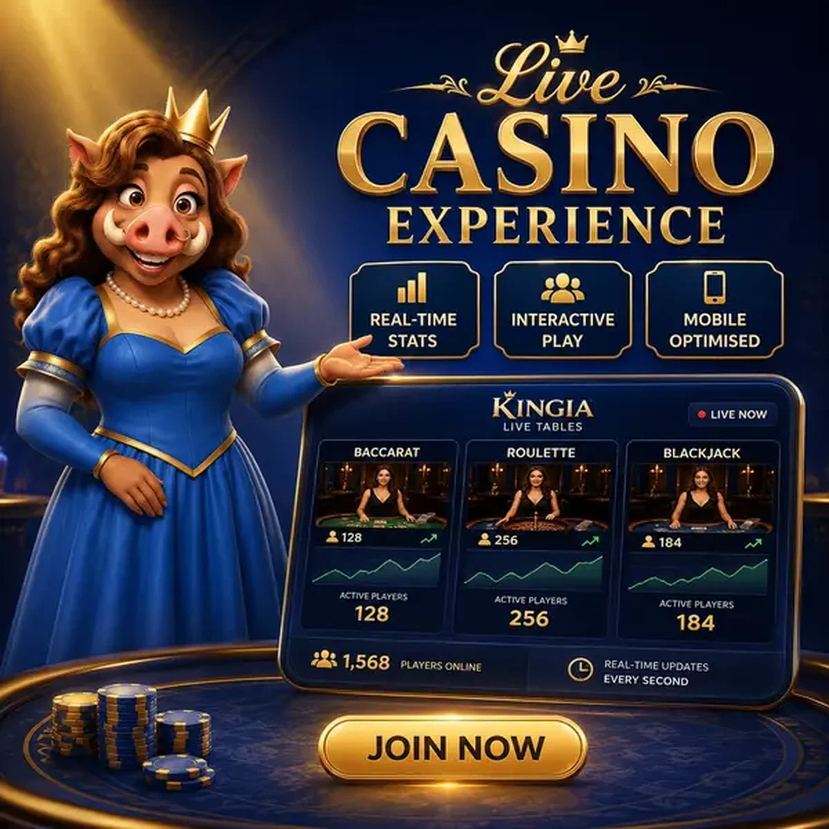 Eber-Königin moderiert Live-Tische bei Kingia mit Echtzeit-Gaming-Statistikanzeige