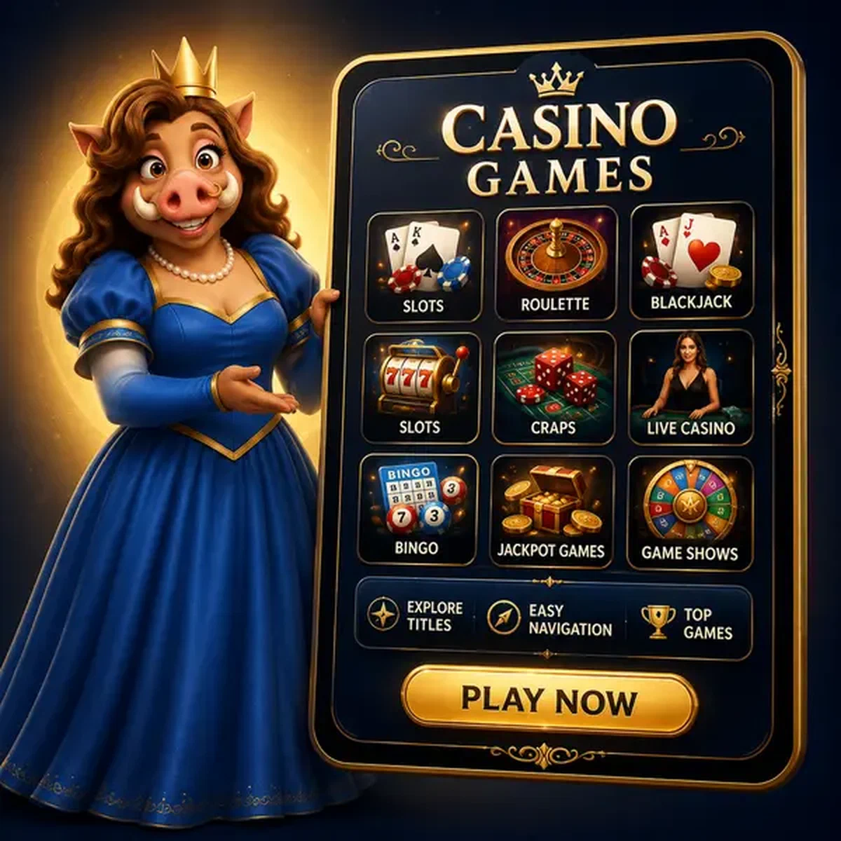 Elegante Königin präsentiert Casino-Spielesammlung auf Kingia Casino Tablet-Display