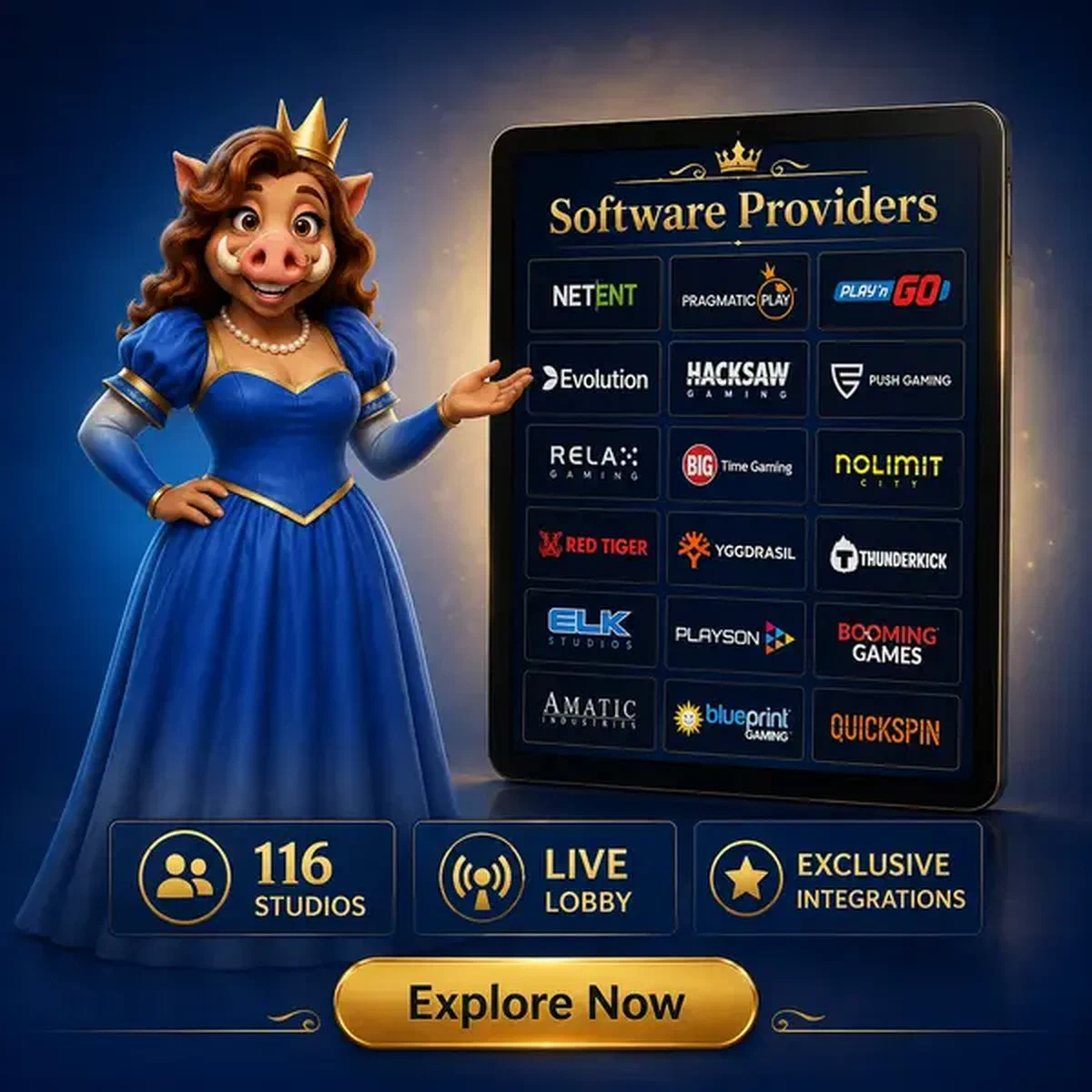 Eberkönigin präsentiert Softwareanbieter auf leuchtendem Tablet bei Kingia Casino
