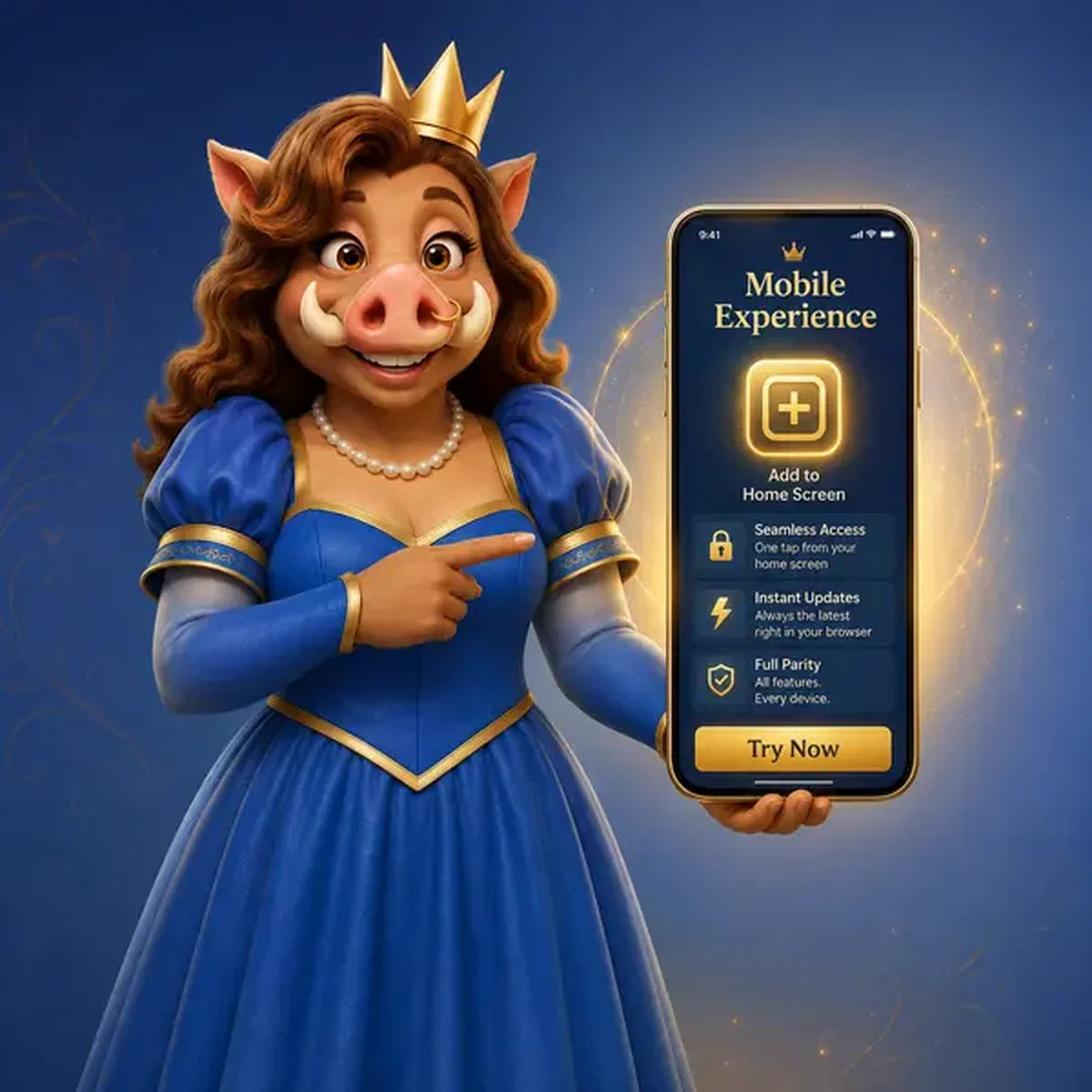 Königin demonstriert Kingia Mobile Experience App mit leuchtendem Zum-Startbildschirm-hinzufügen-Symbol